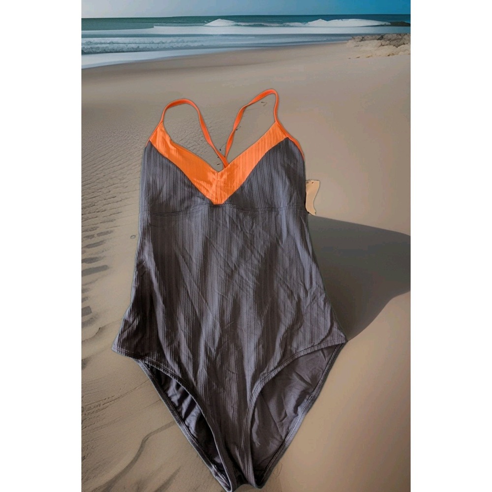 Skye Womens One Piece Swimsuit Grey Orange Textured V-Neck Built-in Bra XL NEW